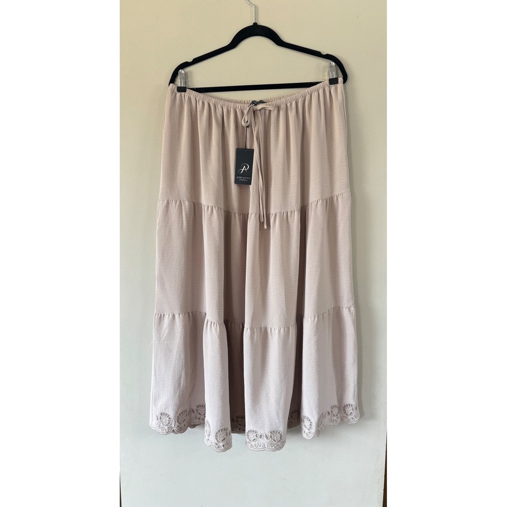 Adrianna Papell Bamboo Beige Tiered Eyelet Hem Maxi Skirt XL NWT Pull on Airflow